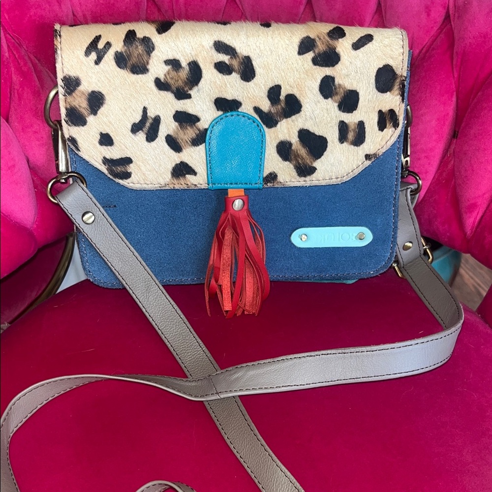 SORUKA Leather Leopard-Accent Crossbody Bag with Tassel